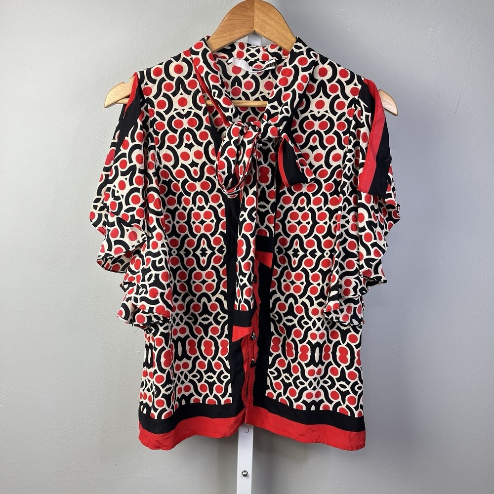 Tracy Reese Top Blouse Womens Small Red Black Geometric 100% Silk